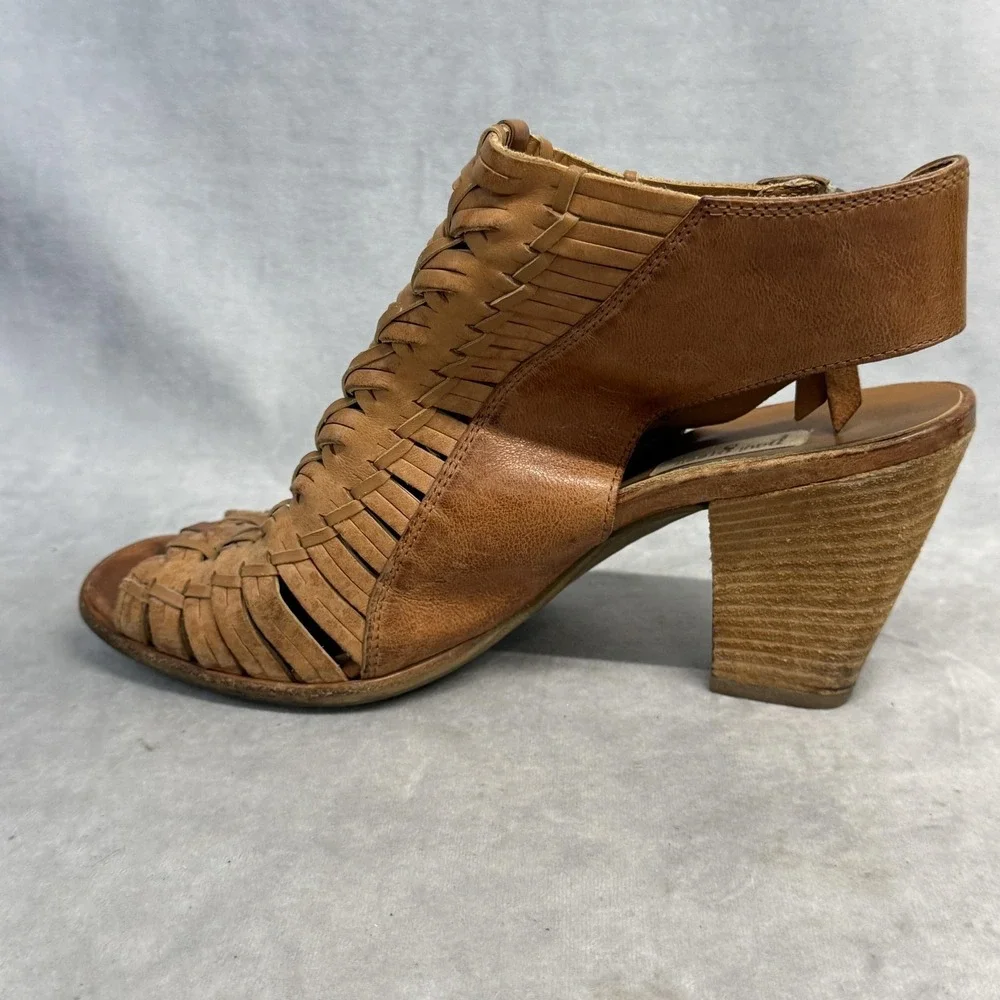 Paul Green Shoes Womens Size 6.5 Brown‎ Leather Woven Strappy Sandals Zip Heel